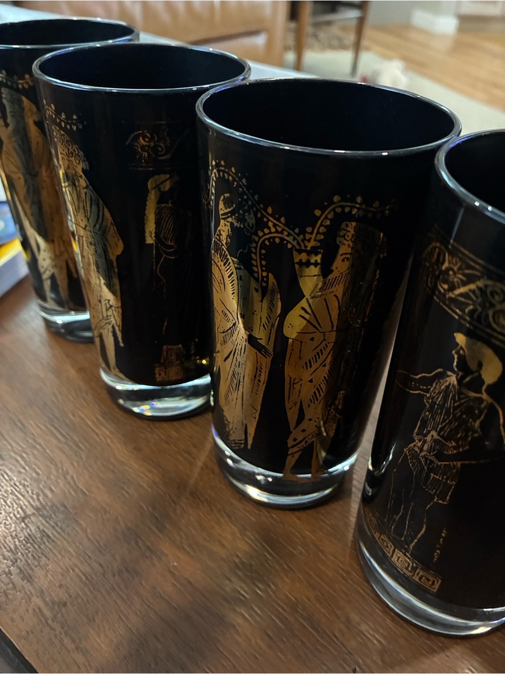 Egyptian Revival High Ball Black Gold Greek Motif Glass Tumblers - Set of 4 FAB!